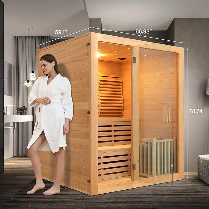 ZONEMEL Wooden Steam Sauna Room, 4 to 5 Person Canadian Hemlock Luxurious Indoor Sauna with 6 KW Harvia Stove Heater, Sauna Stone, Wooden Bucket, Scoop, Reading Light, WiFi Control, 220V, 195℉