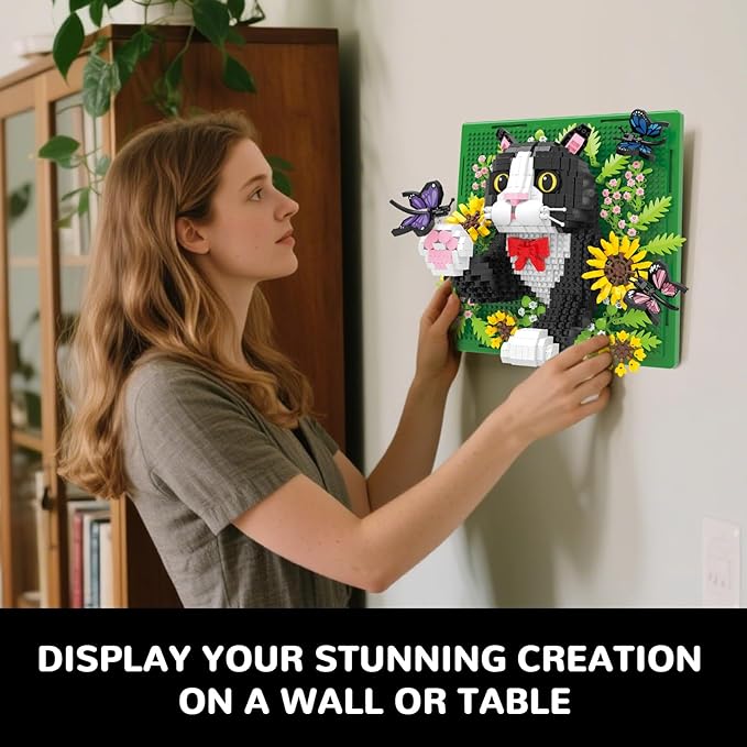 Flowers Cat Animal 3D Wall Art Micro Mini Building Blocks Set, Unique Home Wall Decor or Table Display, No Compatible with Lego Set, Ideal Gift Toy for Adults Boys Girls (1402 PCS)
