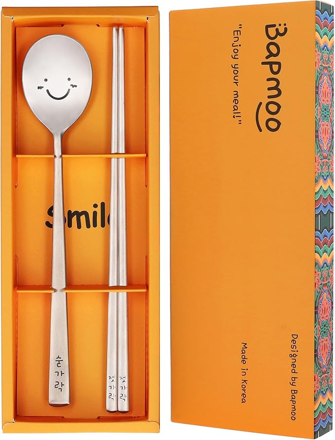 Korean Smile Spoon and Chopsticks Set, Stainless Steel, Hangul Engraved | Gift ready palace inspired box, made in Korea