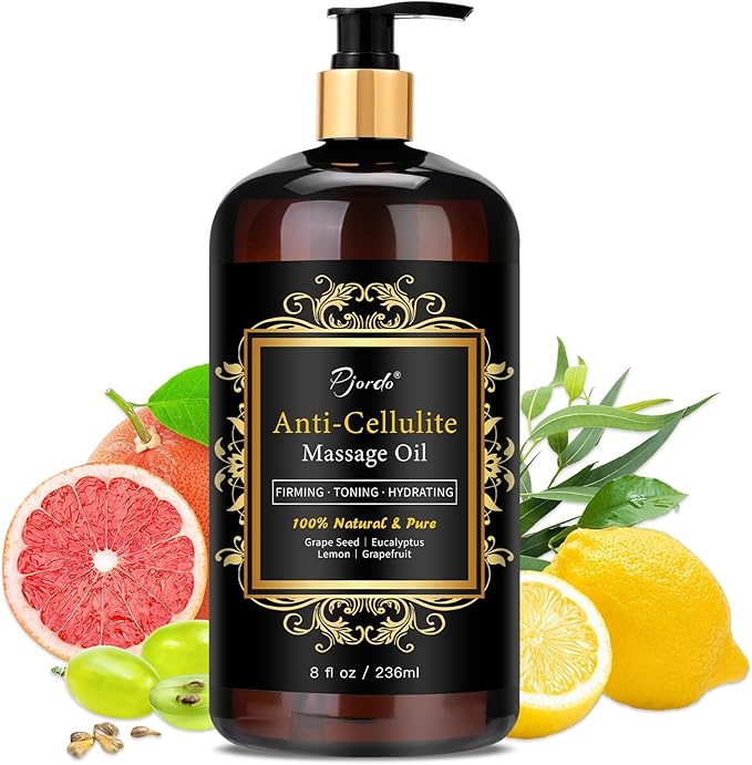 Pjordo Anti Cellulite Massage Oil for Massage Therapy, 100% Natural & Pure Body Firming Oil for Reducing Cellulite, Firming & Moisturizing Skin, Fast Absorbing, Cellulite Remover for Leg & All Body