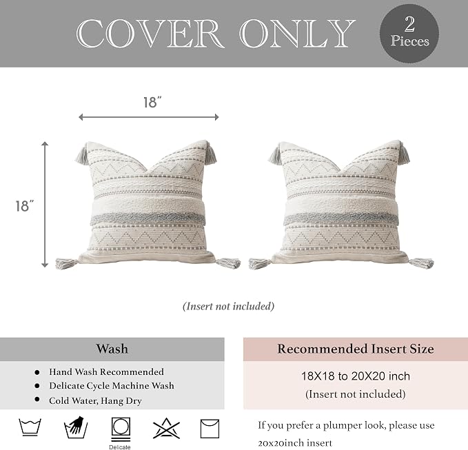 Gray Decorative Throw Pillow Covers 18X18 Combo Set of 2 Square Boho Neutral Grey Accent Pillowcase Tassels Farmhouse Cushion for Couch Sofa Bedroom Living Room Home Décor Cover ONLY