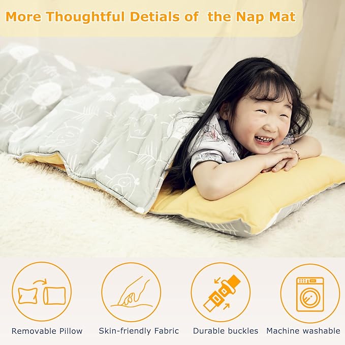 Toddlers Nap Mat with Removable Pillow and Soft Blanket, Lightweight Daycare Preschool Kindergarten Sleeping Bag, Travel Slumber for Kids Girls Boys