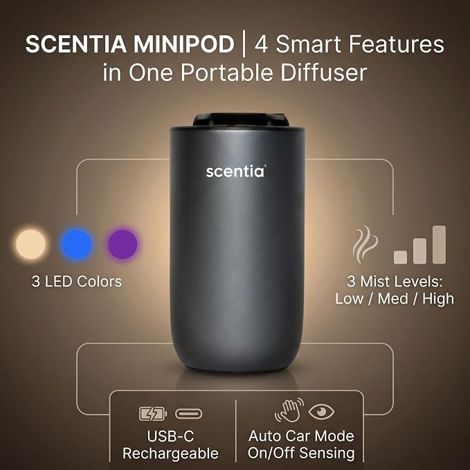Scentia MiniPod Black Waterless Diffuser for Essential Oil, Smart Car Air Freshener with 3 Mist Levels & 3 LED Light Colors, Auto On/Off Rechargeable, Portable Scent Air Machine