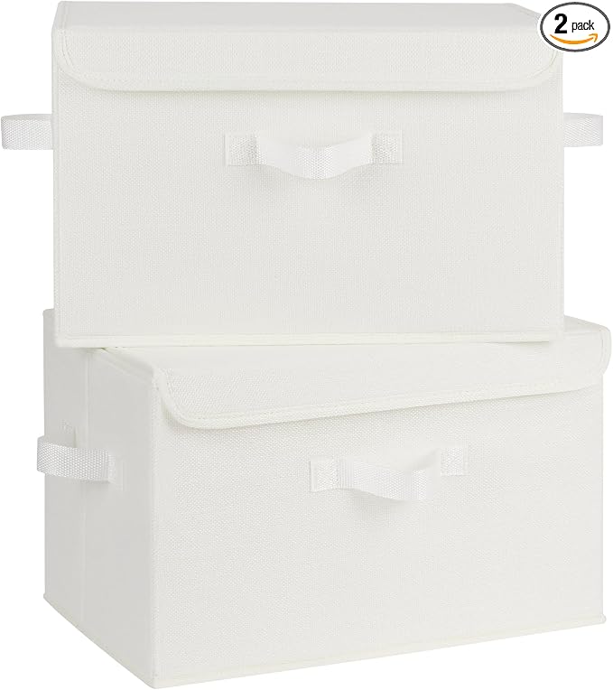 GRANNY SAYS Memory Keepsake Storage Box, Fabric Storage Bins with Lids | Flip-Top Lid, Collapsible, Stackable, 3 Handles, Ideal for Closet Clothes Blanket Toys, Large, Ivory White, 2-Pack