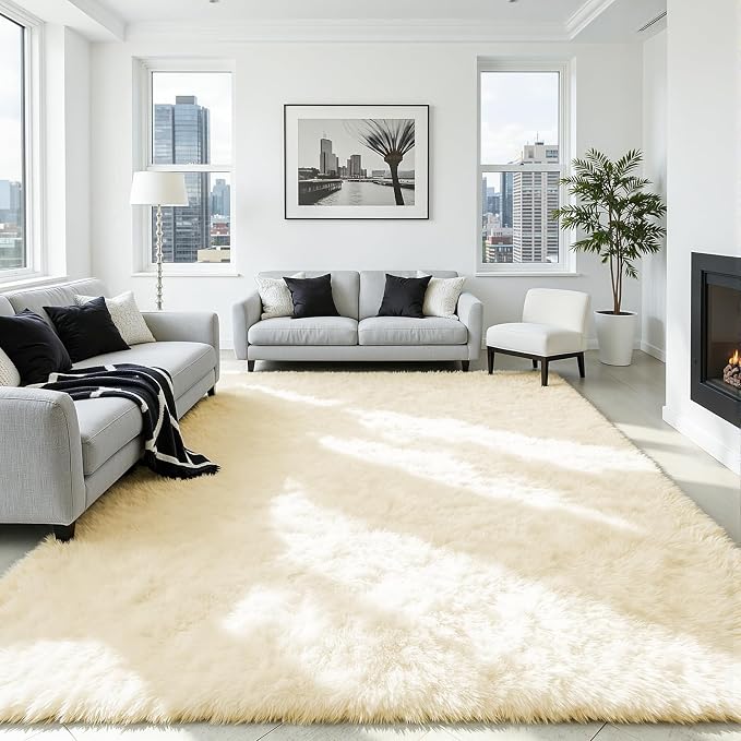 5x8 Area Rug for Living Room, Ultra Soft Fluffy Cream White Rugs for Bedroom, Non Slip Large Shag Carpet, Fuzzy Plush Nursery Rug, Thick Washable Indoor Floor Carpets for Kids Office Dorm Home Decor