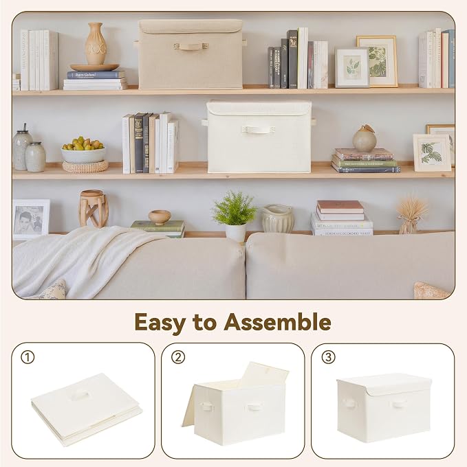 GRANNY SAYS Memory Keepsake Storage Box, Fabric Storage Bins with Lids | Flip-Top Lid, Collapsible, Stackable, 3 Handles, Ideal for Closet Clothes Blanket Toy, Extra Large, Ivory White&Khaki, 2-Pack