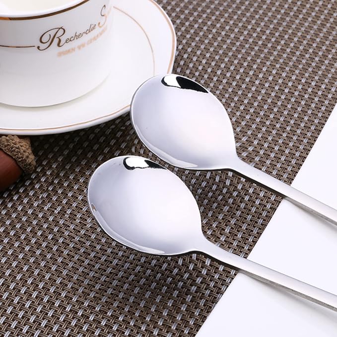 IQCWOOD Spoons, 8 Pcs Korean Spoon, 8.5 Inch Stainless Steel Soup Spoons | Korean Soup Spoons with Long Handle, Smooth Edges & Mirror Finish, Flatware Set for Everyday Home, Kitchen, or Restaurant Use