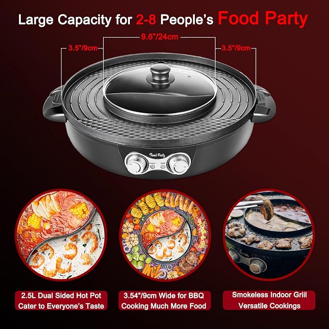 Food Party Hot Pot Electric Korean BBQ Grill Combo Hotpot Smokeless Indoor Grill 16.5" Detachable Easy Cleaning 110V 1800W Shabu Shabu Pot with Divider