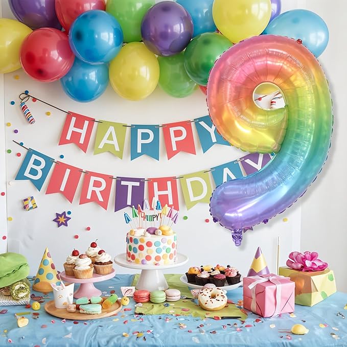 Big Number 9 Balloons, Rainbow Colorful Foil 9 Balloon Numbers 40 Inch, Giant 9th Birthday Party Decor, Pastel Multicolor Mylar Helium Self Inflating Balloon for Kids Birthday Anniversary Decorations