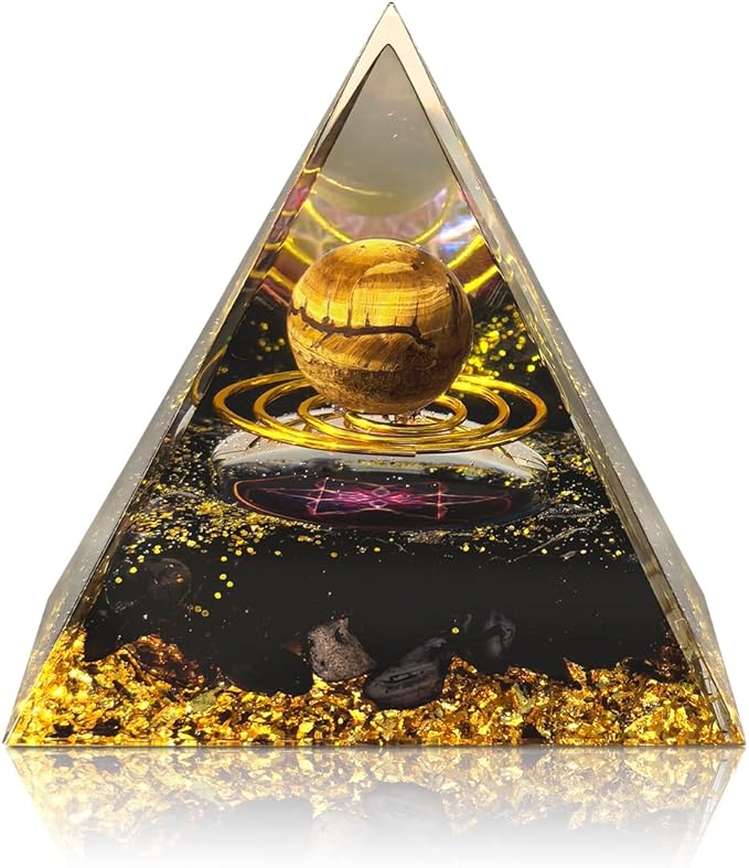 Orgone Pyramid with Healing Crystals - (Space - Planets) - Golden Obsidian Energy Generator for Positive Vibe, Stress Relief & Chakra Reiki Meditation - Spiritual Gift for Success, Wealth & Prosperity