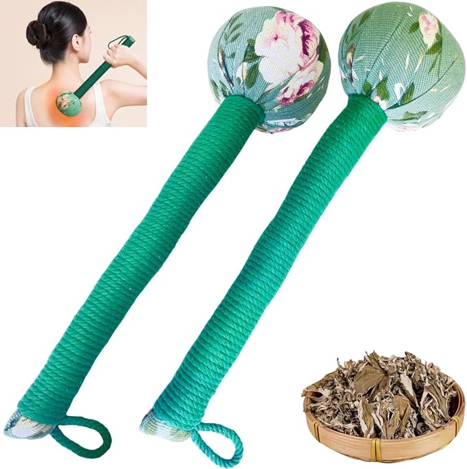 2PCS Long Size Lymphatic Drainage Hammer,Wormwood Herbal Massage Hammer,Manual Body Massage Hammer, Back Knock Long Handheld Massage Hammer for Back Pain Relief Green 12.5IN