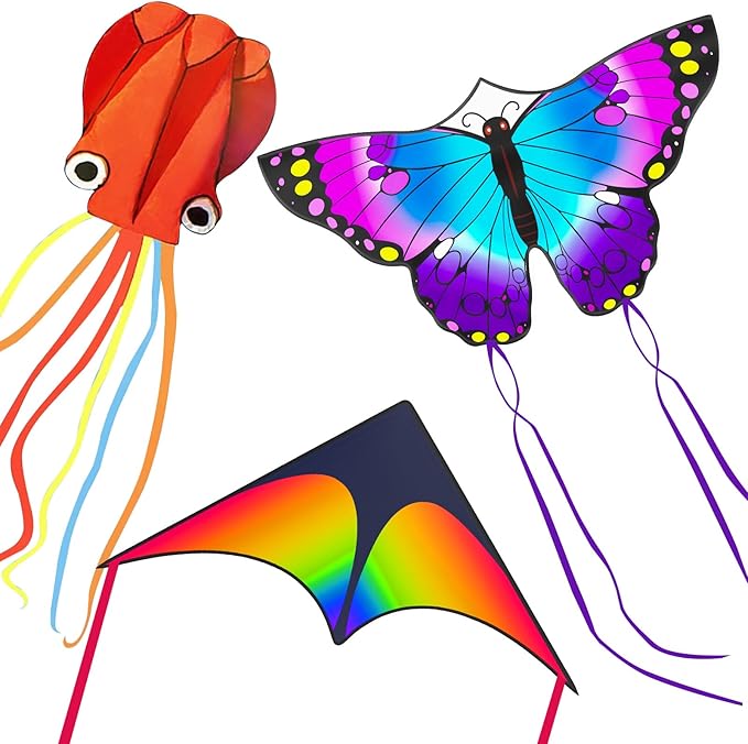 3 Pack Kites, Gifts for Easter, Kite for Kids 4-8 8-12, Puple Butterfly, Colorful Delta and Red Octopus with String Kite for Kids Girls Boys