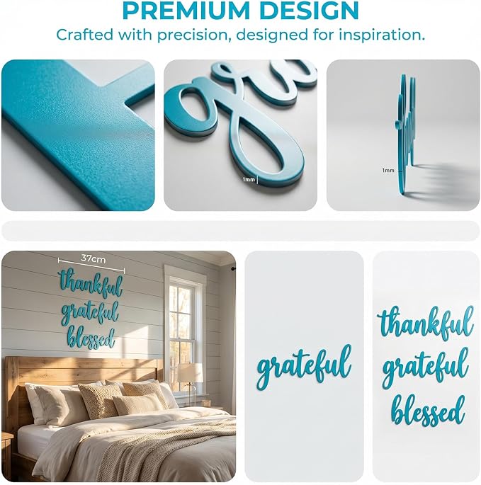 Thankful Grateful Blessed Letter Sign Metal Wall Decor, 3 Piece Black Letters Wall Art for Bathroom Bedroom Metal Words Wall Decor for Home Decor (Blue)