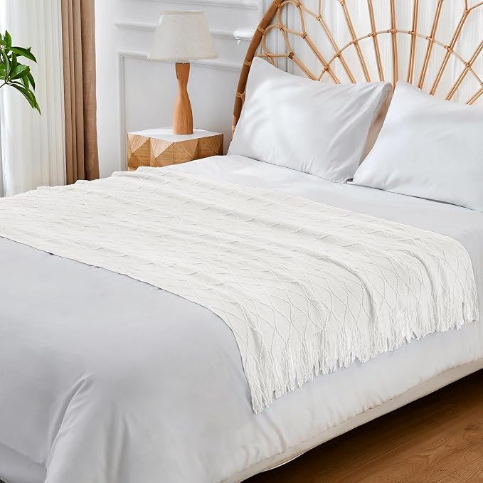 inhand Off White Knitted Throw Blanket for Couch and Bed, 50"x60" | Soft Living Room Home Decor Knitted Blanket with Tassel, Outdoor Lightweight Breathable, Farmhouse Warm Woven Decorative