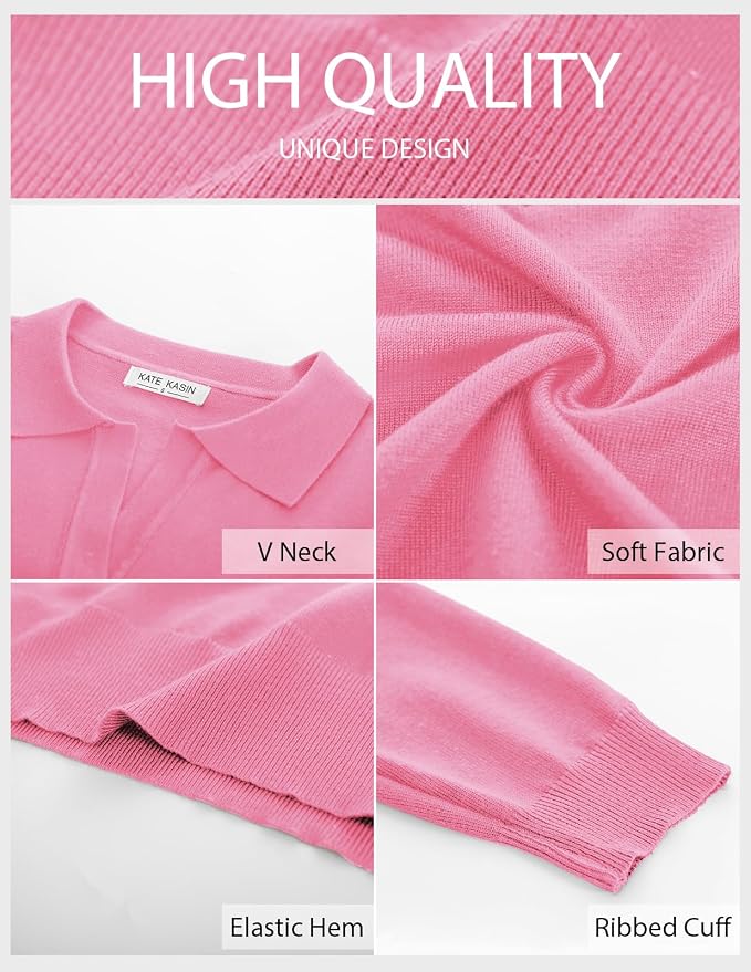 Women's Long Sleeve Classic V Neck Casual Fall Winter Polo Sweater Tops | Basic Collared Knitted Fashion Work Business Formal Daily Wear Versatile Pullover Shirts
