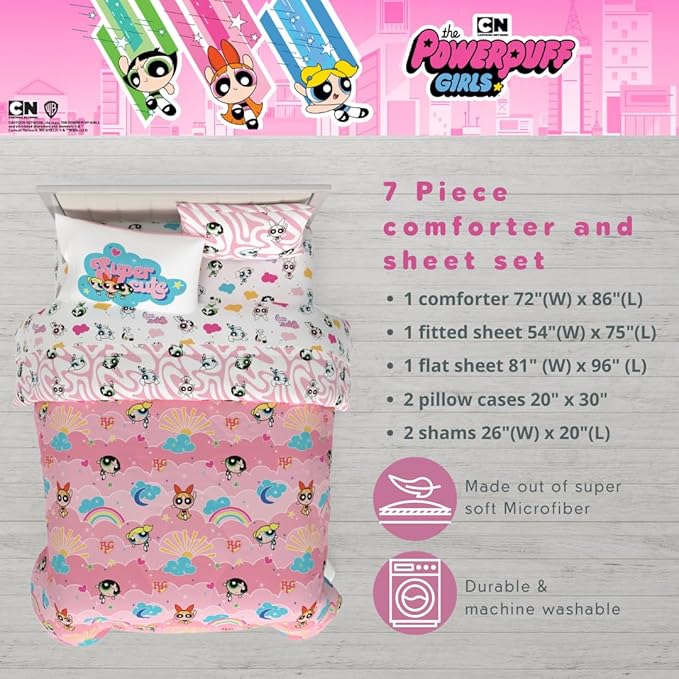 Franco Collectibles Powerpuff Girls Bedding 7 Piece Super Soft Comforter and Sheet Set with Sham, Full, (100% Official Licensed Product)