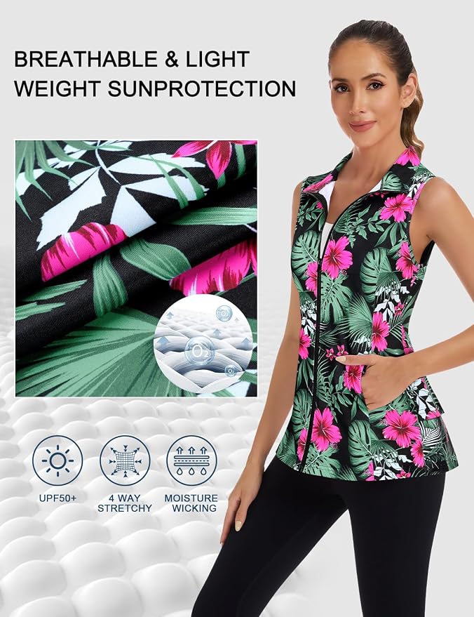 Women's Golf Vest with Pleated Tennis Skirt Hem Lightweight Full Zip Sleeveless Athletic Shirts with Pockets
