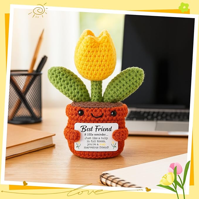 Mini Handmade Crochet Tulip Gifts for Friendship Support, Encouragement Gifts for Best Friend Bestie Coworker, Positive Thank You Gift for Birthday Christmas Thanksgiving, Inspirational Tulip for Desk