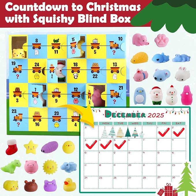 Advent Calendar 2025 Kids Christmas Countdown Calendar Mochi Squishy Toys for Girls and Boys Different Surprise Gift for 3+ Years Old Boys Girls Relief Stress