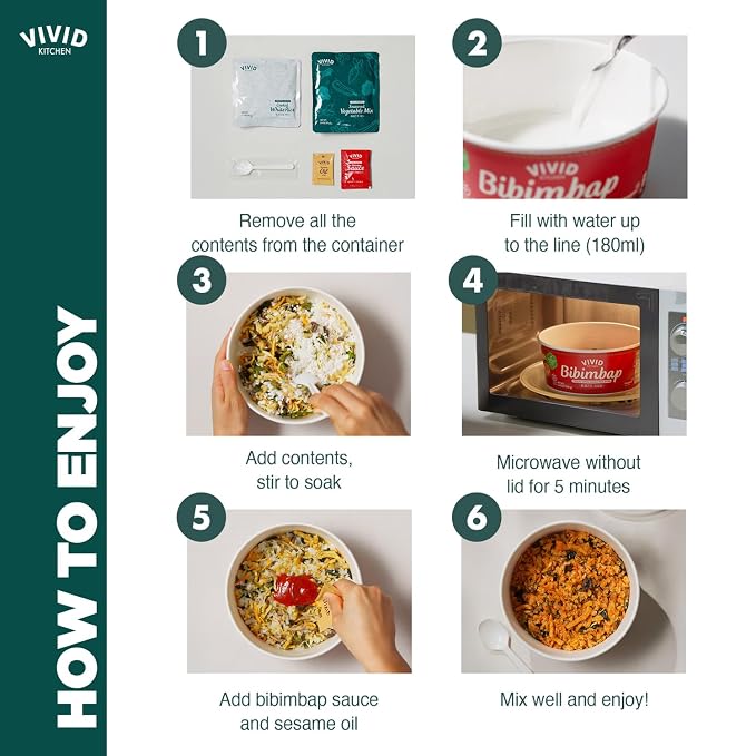 VIVID KITCHEN Freeze-Dried Bibimbap with Zero Sugar Sauce – Plant-Based Korean Meal – 3-Minute Microwave Bibimbap with 8 Vegetables – Lightweight, Portable Bowl (3.8oz / 108g) (1EA)