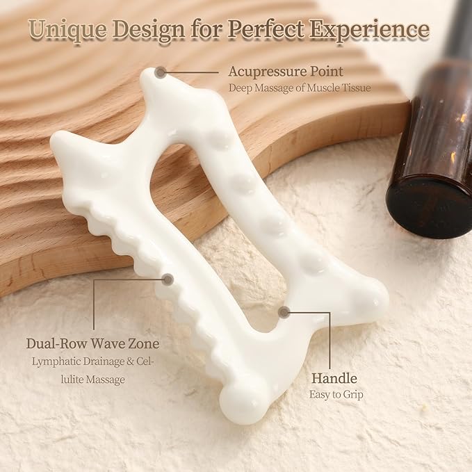 Ceramic Body Gua Sha Tools, Premium guasha Tool for face, Korean 괄사 Gua Sha Facial Tools, Lymphatic Drainage Tools Gifts for Mother Women Men(Dual Row Style)