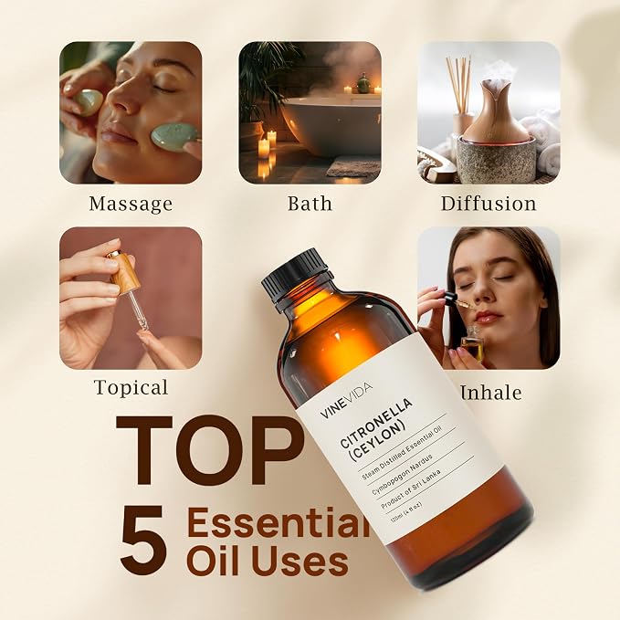 VINEVIDA Citronella Ceylon Essential Oil 4 oz - Undiluted Citronella Oil 4 oz - Citronella Candle Oil Scent - DIY Candle Scents for Candlemaking - Bulk Essential Oil for Soap Making