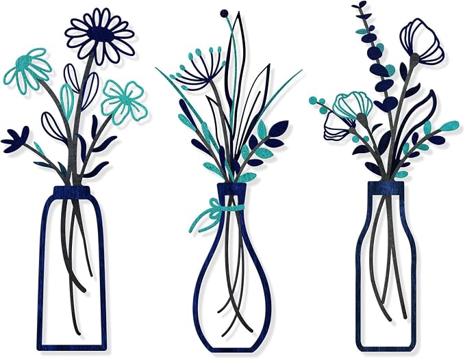 Pigort 3 Pieces Metal Flowers Wall Arts - Rustic Farmhouse Style Décor Metal Wall Art Black Minimalist Flower Natural Themed Wall Decors for Home Bedroom Dining Room Housewarming (Blue)