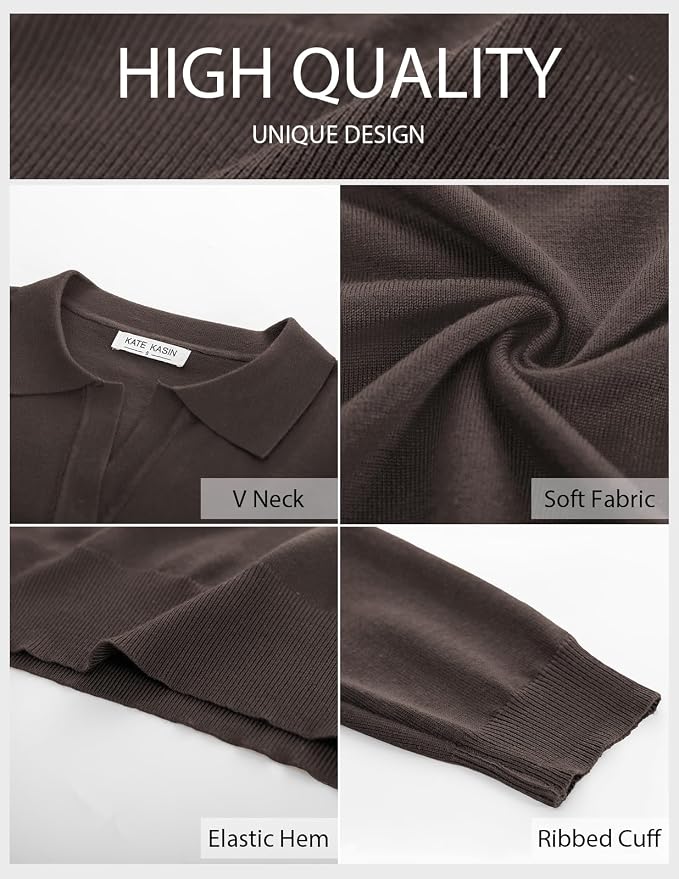 Women's Long Sleeve Classic V Neck Casual Fall Winter Polo Sweater Tops | Basic Collared Knitted Fashion Work Business Formal Daily Wear Versatile Pullover Shirts