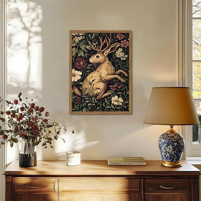 Vintage Rabbit Wall Art Whimsical Dark Cottagecore Jackalope Wall Decor Painting Moody Animal and Botanical Poster Canvas Print for Living Room Bedroom 12x16 inch Wood Framed