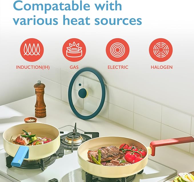 Danish Forged 9.5" Frying Pan with Glass Lid, Kitchen Nonstick Ceramic Coating Tamagoyaki Skillet with Handle, Induction Compatible Cookware, Made in Korea (9.5" / 24cm)