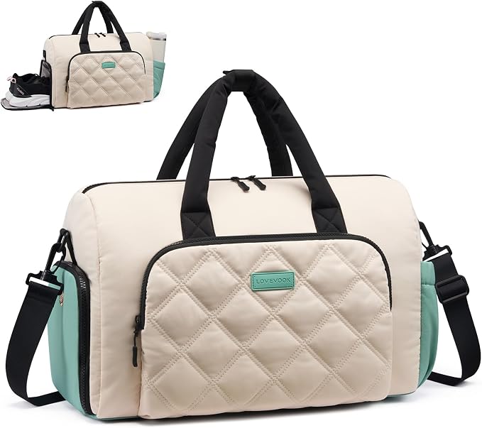 LOVEVOOK Gym Bag for Women with Shoe Compartment,Workout Bag with Large Tumbler Holder Pocket,Carry on Bag for Workout Dance Pilates Ballet Swimming Travel，Green and White