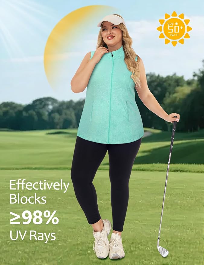 Misyula Style Plus Size Womens Golf Shirt Full-Zip with Pockets Tank Tops | Sleeveless, Quick Dry, Moisture-wicking, Lightweight Vests, Athletic, Tennis, Running, Workout, Casual, Travel, Work