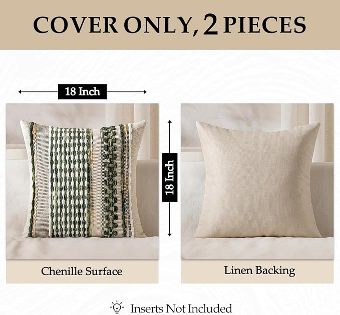 ANRODUO Boho Decorative Pillow Covers Olive Green Stripe 18x18 Pack of 2 | Throw Pillow Covers, Farmhouse Cushion Case, Chenille Pillow Cases, Pillow Covers, Accent Neutral Pillowcase for Couch Bed