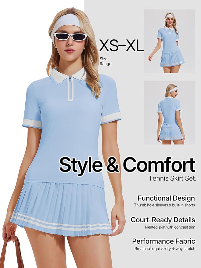 Women's 2-Piece Tennis Skirt Set, Polo V-Neck Top & High-Waisted Pleated Skirt, Athletic Outfit for Golf Pickleball