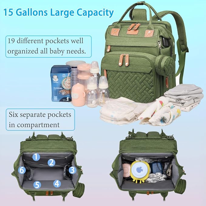 Jeryswet Baby Diaper Bags with Changing Station, Waterproof Large Capacity Diaper Bag Backpack for Moms Dads with USB Charging Port and Stroller Straps, Baby Shower Gifts, Green