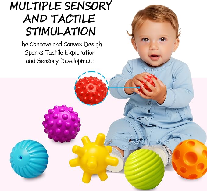 Baby Balls for Toddlers 1-3, Bath Toys for Babies 6-12 Months | 6 Pack Infant Soft Textured Balls Set, Montessori, Teething & Bath Play, Fine Motor Skills, Gift for Boys Girls