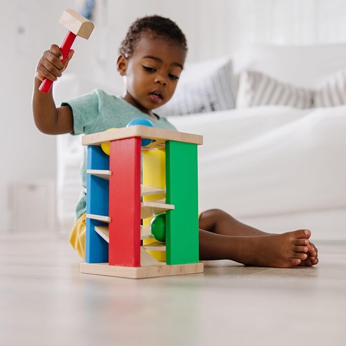 Melissa & Doug Deluxe Pound and Roll Wooden Tower Toy with Hammer, White