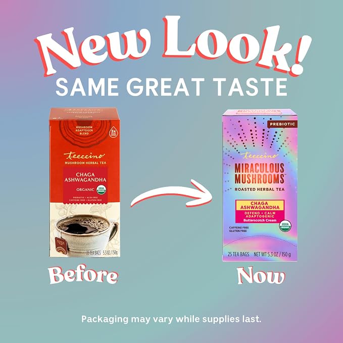 Teeccino Chaga Ashwagandha Tea - Butterscotch Cream - 25 Tea Bags - Organic Mushroom Adaptogenic Herbal Tea, 3x More Herbs than Regular TeaBags, Prebiotic, Caffeine Free, Gluten Free - (Pack of 3)
