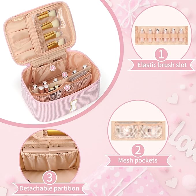 OCHEAL Makeup Bag Valentines Day Gifts for Women, Monogram Cosmetic Bag Pink Travel Makeup Case Beauty Toiletry Bag Organizer Personalized Gifts for Girls Bridesmaid, Sister, Wife, Friends Initial I