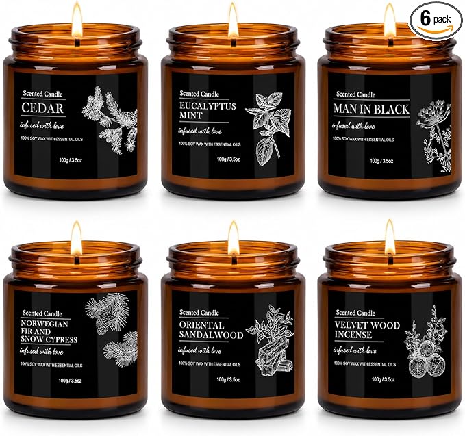 Scented Candles for Men, 6 Pack Soy Candle Gift Set, 150 Hour Burn Time, Sandalwood Cedar Aromatherapy Candles Gifts for Birthday Christmas for Men Dad Husband Boyfriend