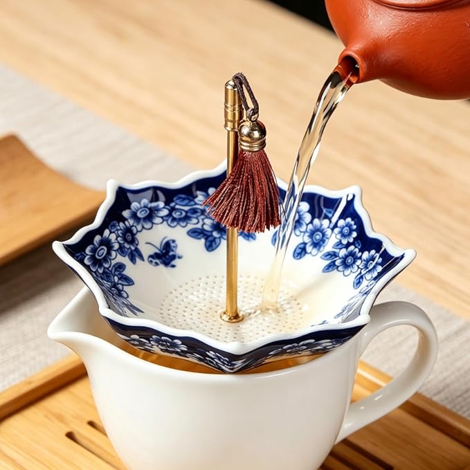 Umbrella Tea Strainer, Blue and White Porcelain | Umbrella Shape Ceramic, For Loose Leaf Tea, Rotating Design, Coffee Brewing Filter
