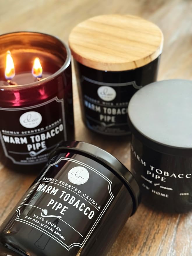 DW Home Warm Tobacco Pipe Scented Candles, 9 oz Single Wick Medium Jar, Up to 33 Hour Burn Time, Strong Long Lasting Woodsy Fragrance, Gifts for Men & Women