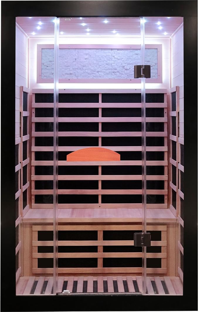 OUTEXER Infrared Sauna 2000W Wooden Saunas Home Spa Room Wood Low-EMF Indoor Saunas with with 7 Color Starry Sky Ceiling Light for Two Person 74.8 * 47.2 * 41.3Inch