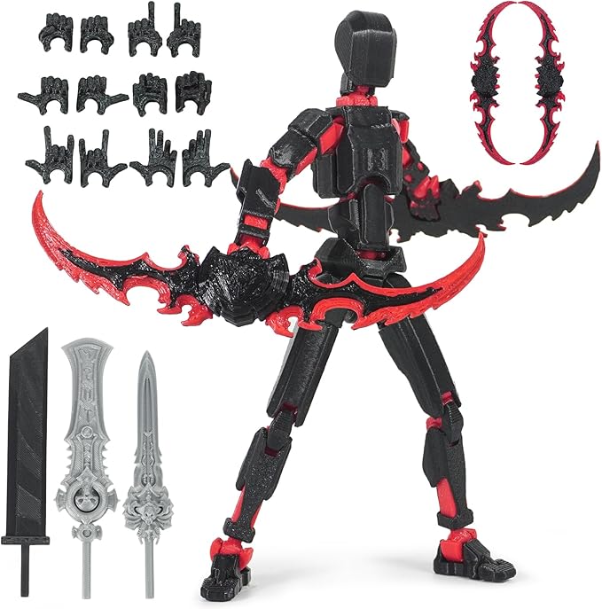 Pre-Assembly 3D Printed 5.54'' Dummy13 Action Figure, Multi-Jointed Tian13, Articulated T13 Desktop Decoration,12 in 1 Accessories, Best Birthday Festival Gift (Black+red)