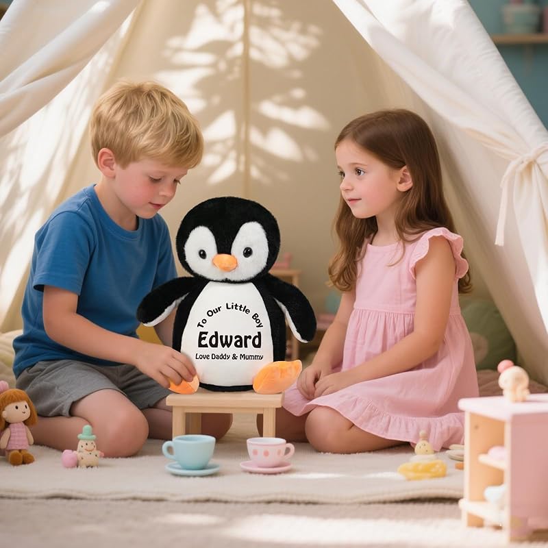 Custom Penguin Stuffed Animal with Name Date, 13.8" Personalized Cute Penguin Plush for Boy Girl Kids Birthday Christmas Bedtime Gifts