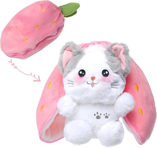 MIAODAM Cat Plush Stuffed Animals, Cute Reversible Strawberry Turn Into Cat Zip Plush, Funny Plushies Toy in A Strawberry Stuffie for Baby & Girlfriend Gift (7.8inch)