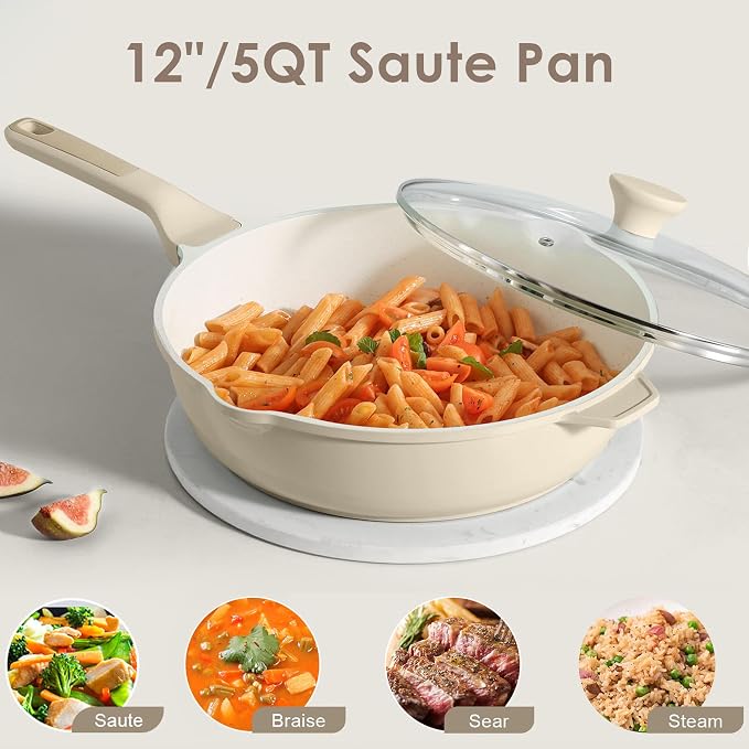 SENSARTE Nonstick Saute Pan with Lid 12-inch/5QT, Non Toxic Ceramic Deep Frying Pan, Dishwasher Safe Skillet with Stay-cool Handle, Healthy Cooking Pot, Induction Compatible, Cream White