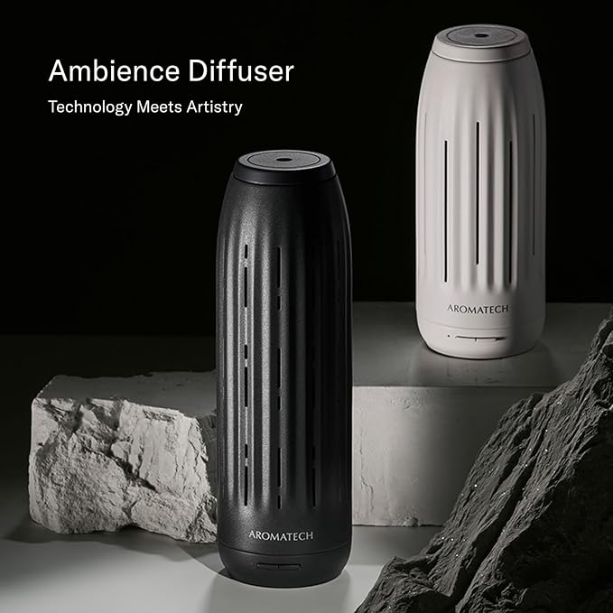 AromaTech Ambience Scent Diffuser for Essential Oil Blends & Fragrances – Waterless Scent Machine w/Bluetooth for Home, Bathroom Boutiques, Hotel, Spa – White Stone Mini
