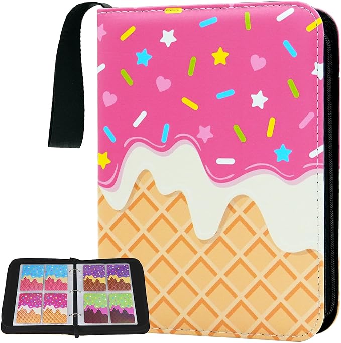 Cute Ice Cream Cake Card Binder for Girls, 400 Pocket Card Album Gifts, Ice Cream Donut Trading Game Card Holder Album for Standard Size Cards, Collectible Game Collection Case (PInk)