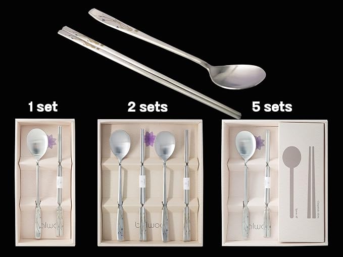 [2 Sets] [Made in Korea] Orchid Design Korean Style Sticky Rice Spoon Chopsticks Set 304 Stainless Steel Soup Spoon Ramen Chopsticks Flatware (2 Sets)